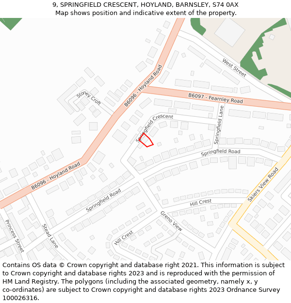 9, SPRINGFIELD CRESCENT, HOYLAND, BARNSLEY, S74 0AX: Location map and indicative extent of plot