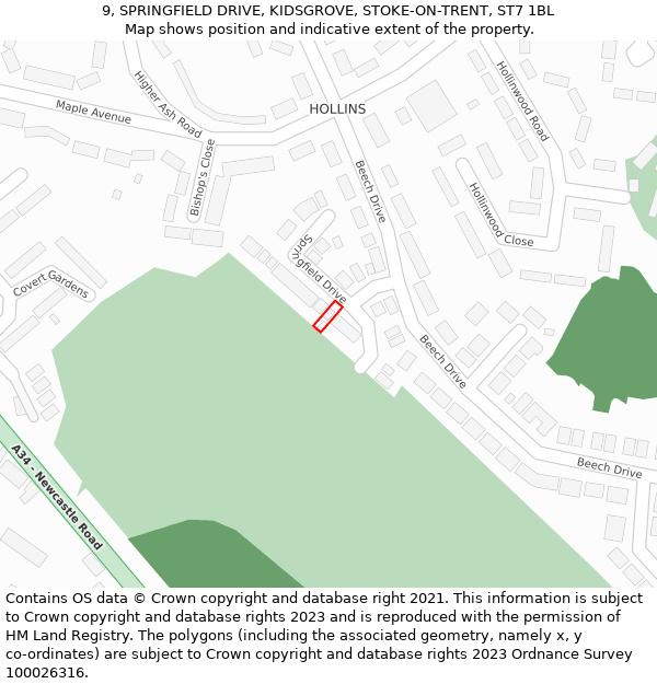 9, SPRINGFIELD DRIVE, KIDSGROVE, STOKE-ON-TRENT, ST7 1BL: Location map and indicative extent of plot