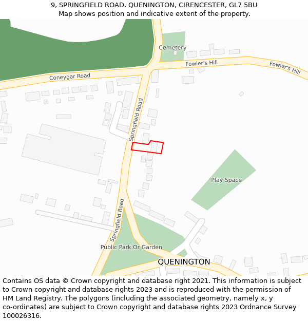 9, SPRINGFIELD ROAD, QUENINGTON, CIRENCESTER, GL7 5BU: Location map and indicative extent of plot