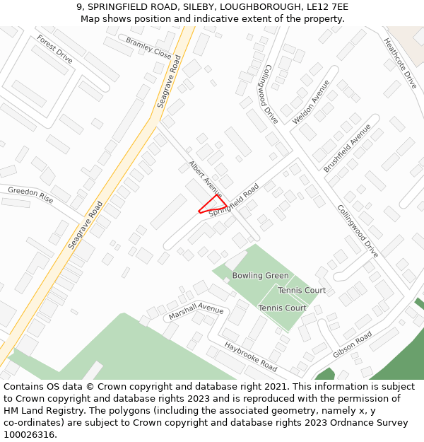 9, SPRINGFIELD ROAD, SILEBY, LOUGHBOROUGH, LE12 7EE: Location map and indicative extent of plot