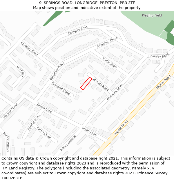 9, SPRINGS ROAD, LONGRIDGE, PRESTON, PR3 3TE: Location map and indicative extent of plot