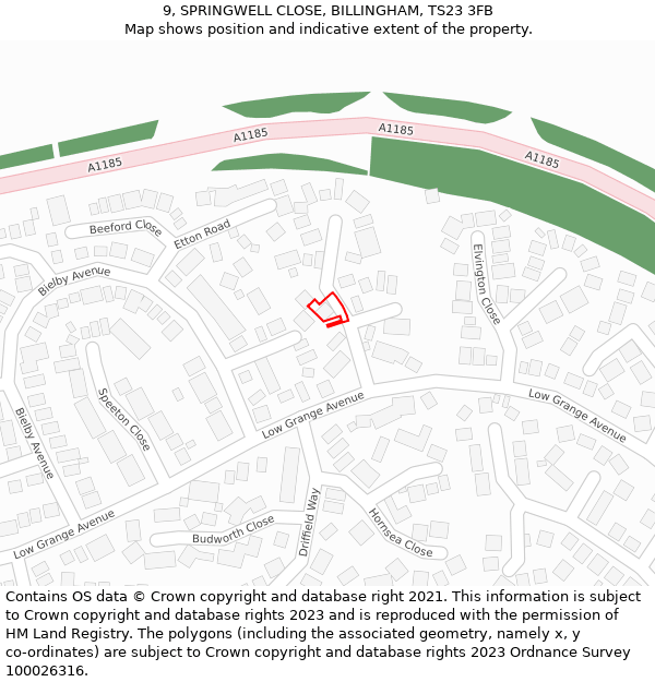 9, SPRINGWELL CLOSE, BILLINGHAM, TS23 3FB: Location map and indicative extent of plot