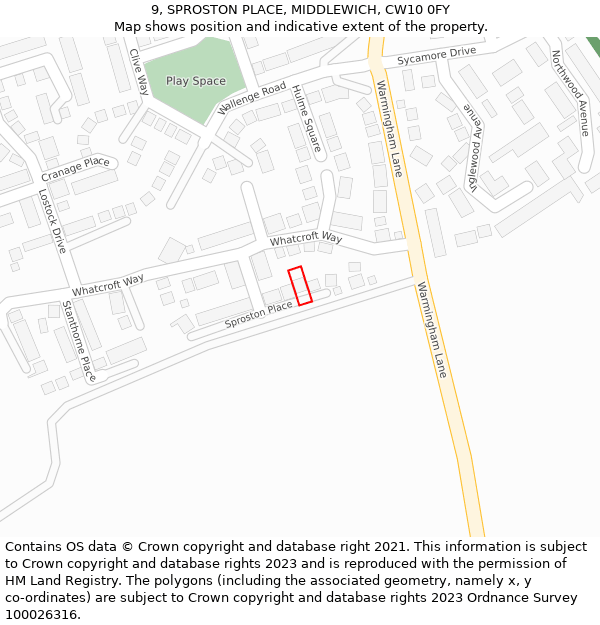 9, SPROSTON PLACE, MIDDLEWICH, CW10 0FY: Location map and indicative extent of plot