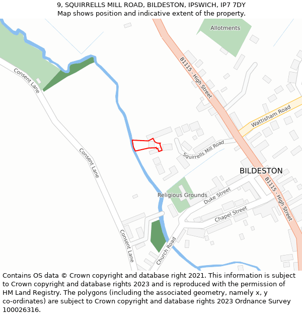 9, SQUIRRELLS MILL ROAD, BILDESTON, IPSWICH, IP7 7DY: Location map and indicative extent of plot