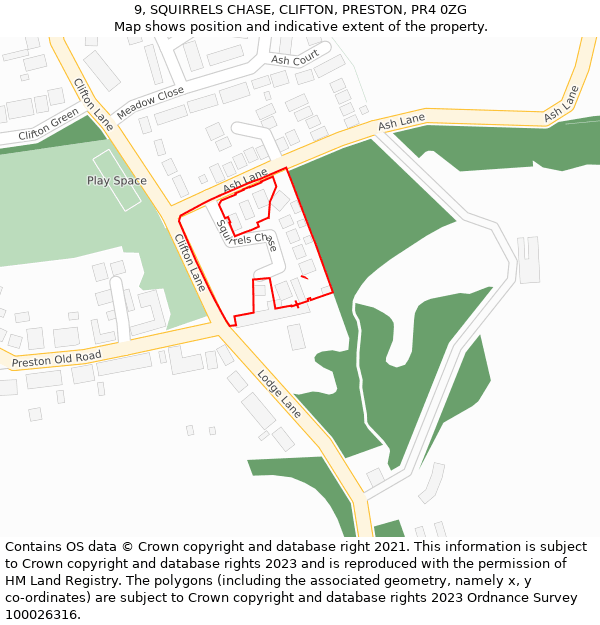 9, SQUIRRELS CHASE, CLIFTON, PRESTON, PR4 0ZG: Location map and indicative extent of plot