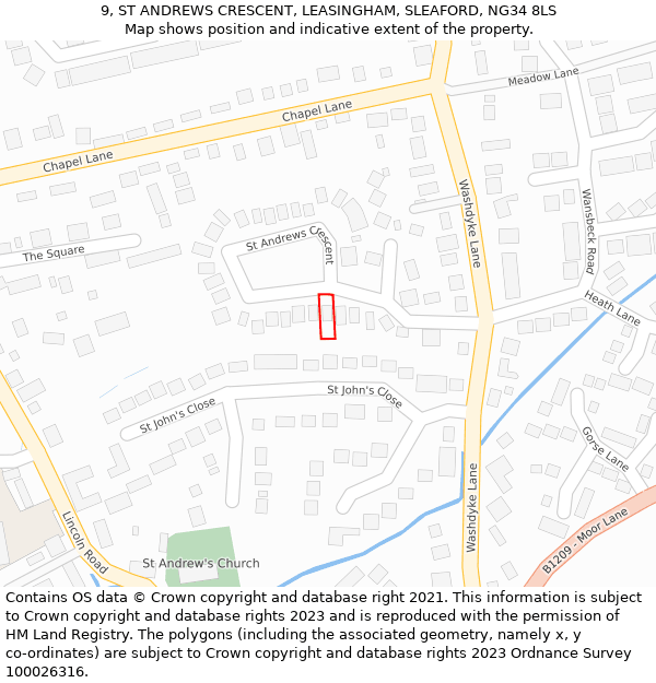 9, ST ANDREWS CRESCENT, LEASINGHAM, SLEAFORD, NG34 8LS: Location map and indicative extent of plot