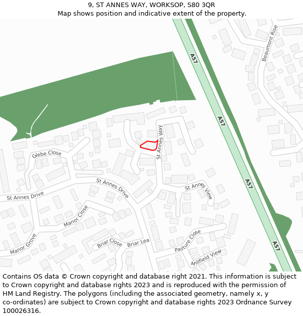 9, ST ANNES WAY, WORKSOP, S80 3QR: Location map and indicative extent of plot