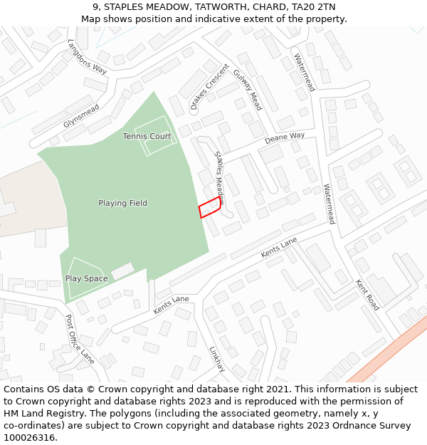 9, STAPLES MEADOW, TATWORTH, CHARD, TA20 2TN: Location map and indicative extent of plot