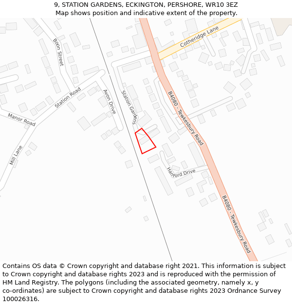 9, STATION GARDENS, ECKINGTON, PERSHORE, WR10 3EZ: Location map and indicative extent of plot