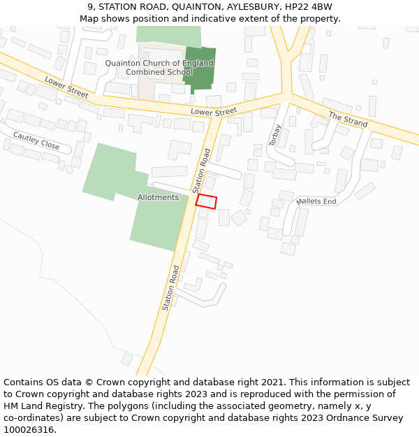 9, STATION ROAD, QUAINTON, AYLESBURY, HP22 4BW: Location map and indicative extent of plot