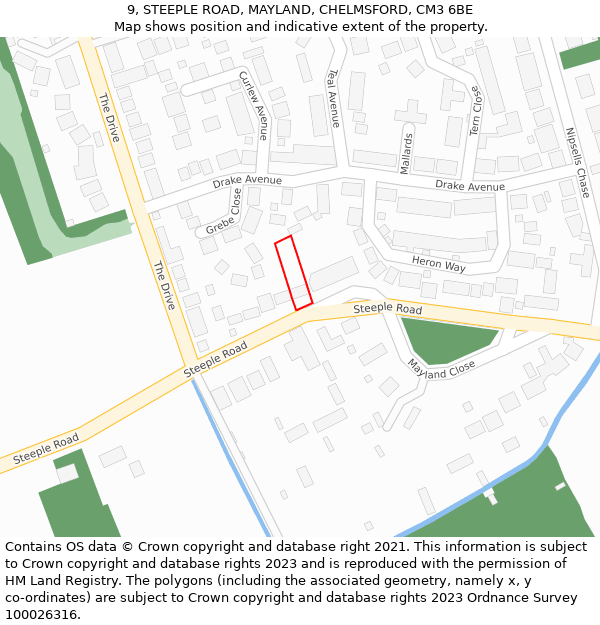 9, STEEPLE ROAD, MAYLAND, CHELMSFORD, CM3 6BE: Location map and indicative extent of plot