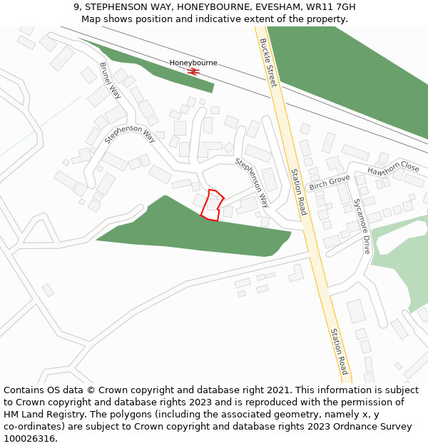 9, STEPHENSON WAY, HONEYBOURNE, EVESHAM, WR11 7GH: Location map and indicative extent of plot