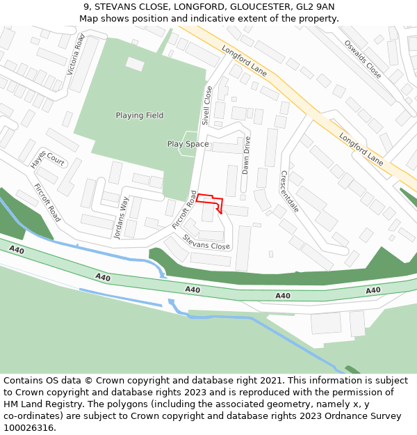 9, STEVANS CLOSE, LONGFORD, GLOUCESTER, GL2 9AN: Location map and indicative extent of plot