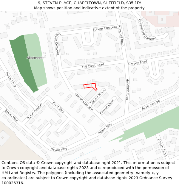 9, STEVEN PLACE, CHAPELTOWN, SHEFFIELD, S35 1FA: Location map and indicative extent of plot
