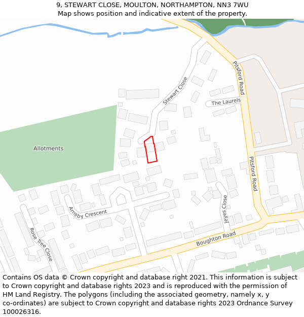 9, STEWART CLOSE, MOULTON, NORTHAMPTON, NN3 7WU: Location map and indicative extent of plot