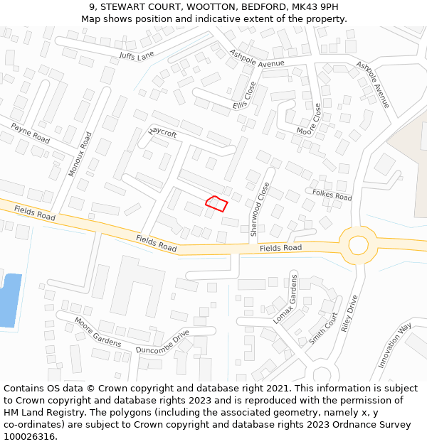 9, STEWART COURT, WOOTTON, BEDFORD, MK43 9PH: Location map and indicative extent of plot