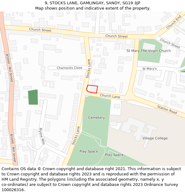 9, STOCKS LANE, GAMLINGAY, SANDY, SG19 3JP: Location map and indicative extent of plot