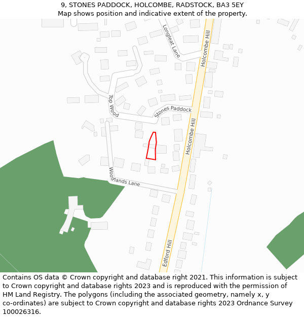 9, STONES PADDOCK, HOLCOMBE, RADSTOCK, BA3 5EY: Location map and indicative extent of plot