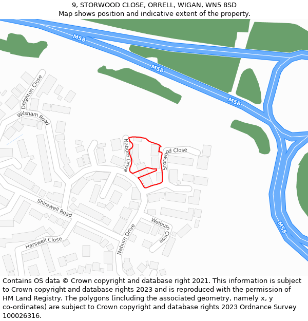 9, STORWOOD CLOSE, ORRELL, WIGAN, WN5 8SD: Location map and indicative extent of plot