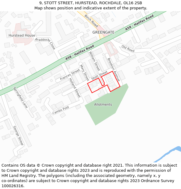 9, STOTT STREET, HURSTEAD, ROCHDALE, OL16 2SB: Location map and indicative extent of plot