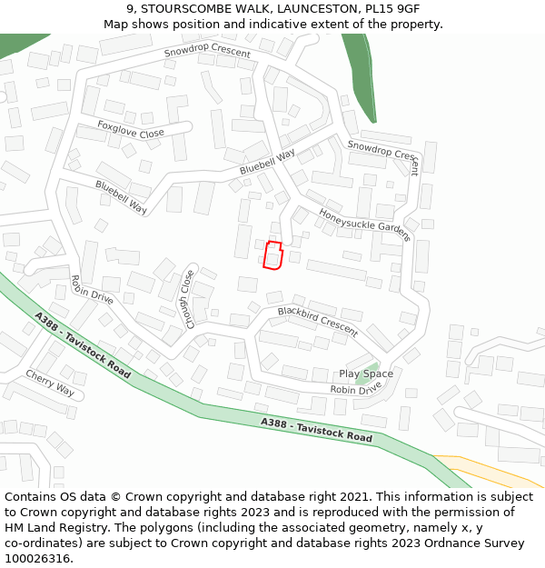 9, STOURSCOMBE WALK, LAUNCESTON, PL15 9GF: Location map and indicative extent of plot