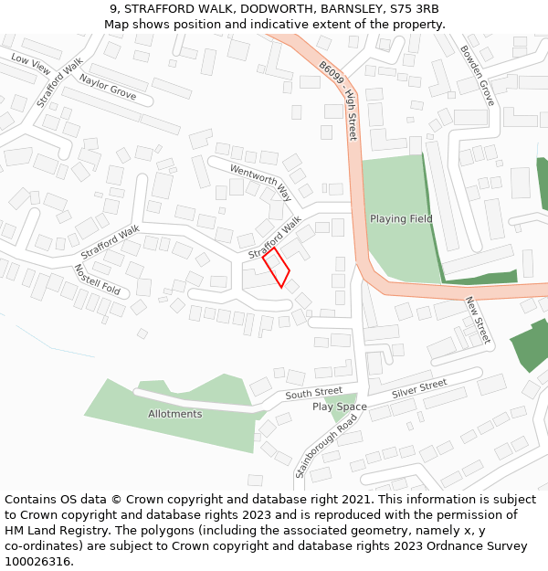 9, STRAFFORD WALK, DODWORTH, BARNSLEY, S75 3RB: Location map and indicative extent of plot