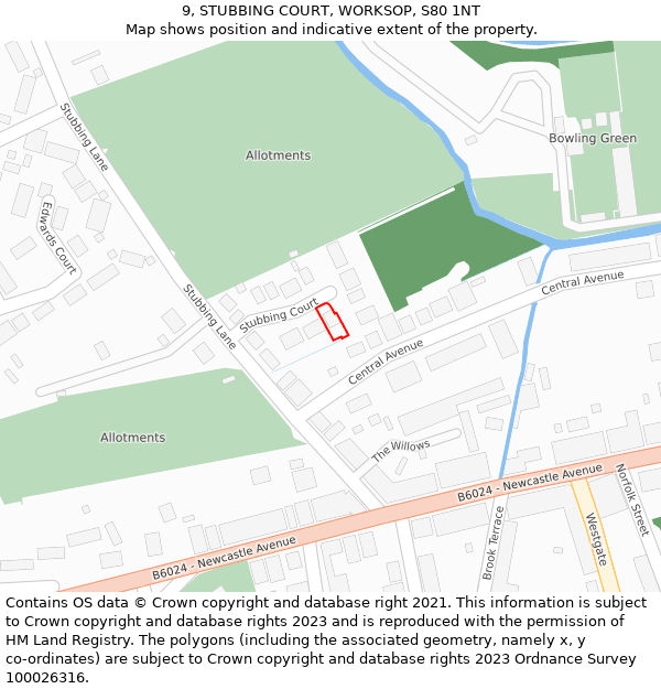 9, STUBBING COURT, WORKSOP, S80 1NT: Location map and indicative extent of plot