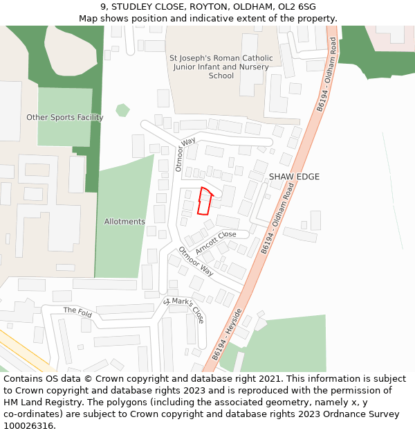 9, STUDLEY CLOSE, ROYTON, OLDHAM, OL2 6SG: Location map and indicative extent of plot