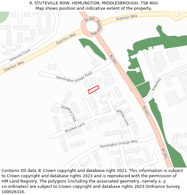 9, STUTEVILLE ROW, HEMLINGTON, MIDDLESBROUGH, TS8 9GG: Location map and indicative extent of plot