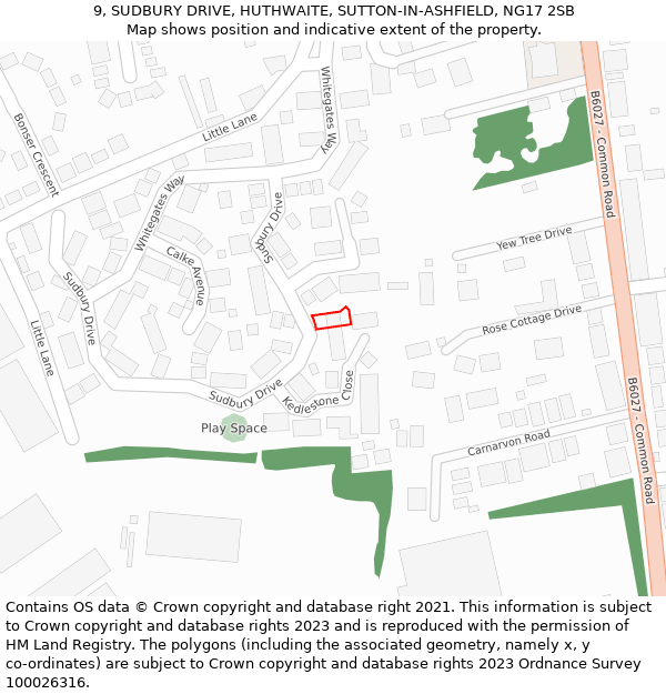 9, SUDBURY DRIVE, HUTHWAITE, SUTTON-IN-ASHFIELD, NG17 2SB: Location map and indicative extent of plot