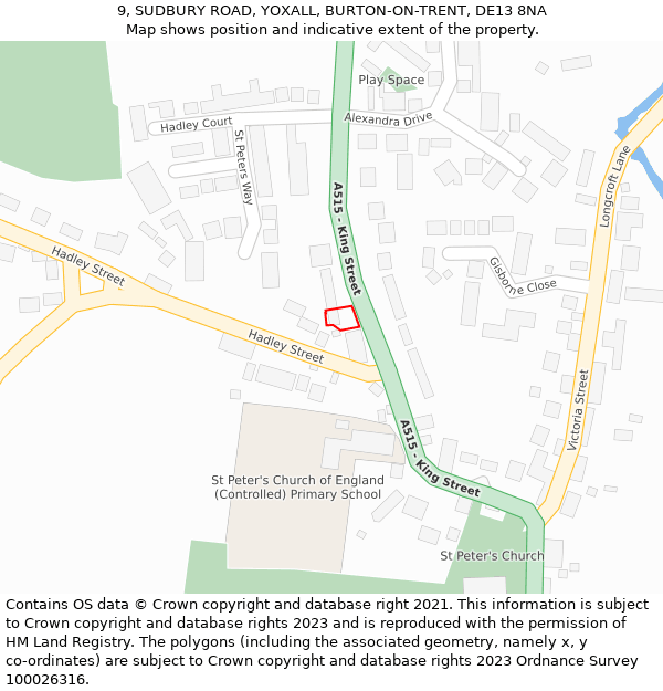 9, SUDBURY ROAD, YOXALL, BURTON-ON-TRENT, DE13 8NA: Location map and indicative extent of plot