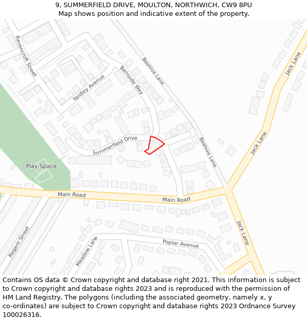 9, SUMMERFIELD DRIVE, MOULTON, NORTHWICH, CW9 8PU: Location map and indicative extent of plot