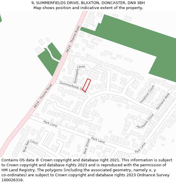 9, SUMMERFIELDS DRIVE, BLAXTON, DONCASTER, DN9 3BH: Location map and indicative extent of plot