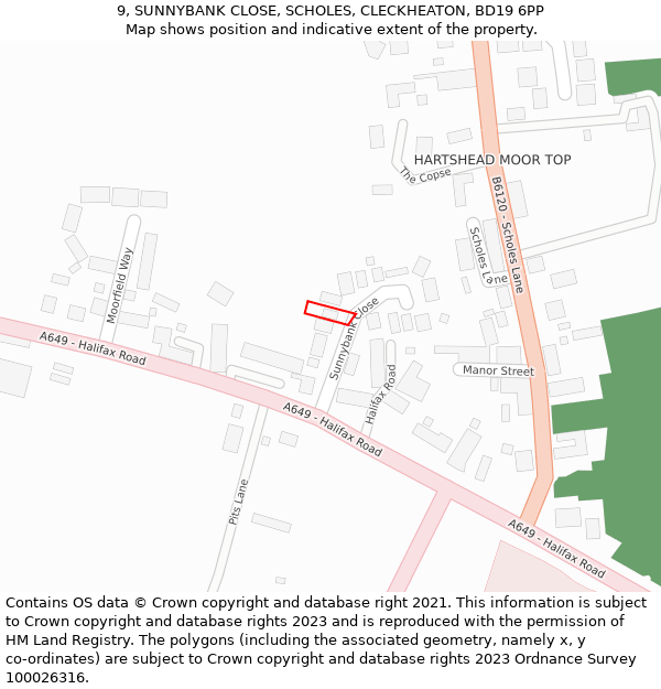 9, SUNNYBANK CLOSE, SCHOLES, CLECKHEATON, BD19 6PP: Location map and indicative extent of plot