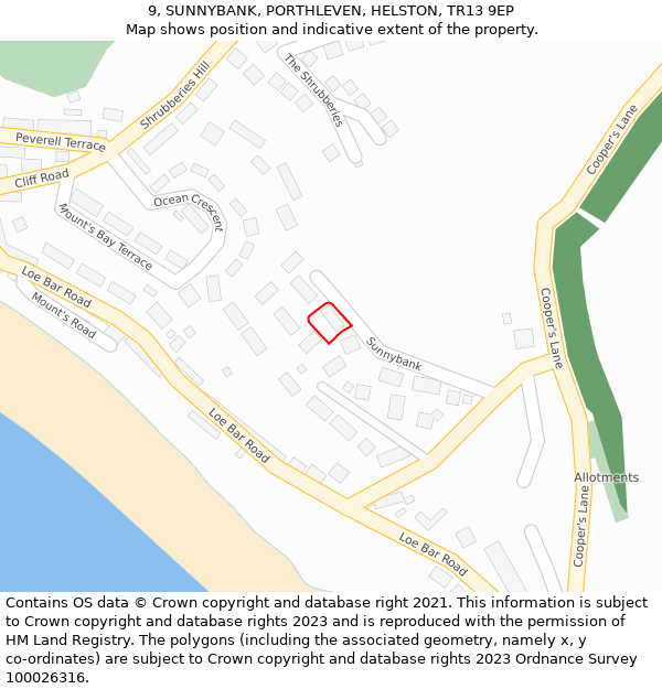 9, SUNNYBANK, PORTHLEVEN, HELSTON, TR13 9EP: Location map and indicative extent of plot