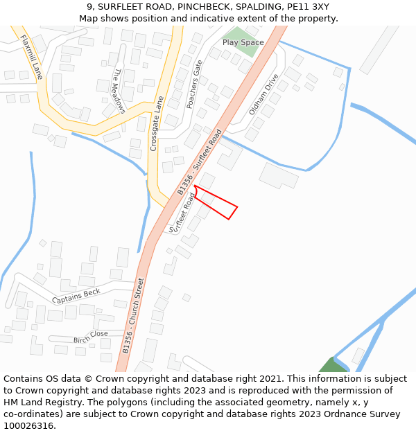 9, SURFLEET ROAD, PINCHBECK, SPALDING, PE11 3XY: Location map and indicative extent of plot