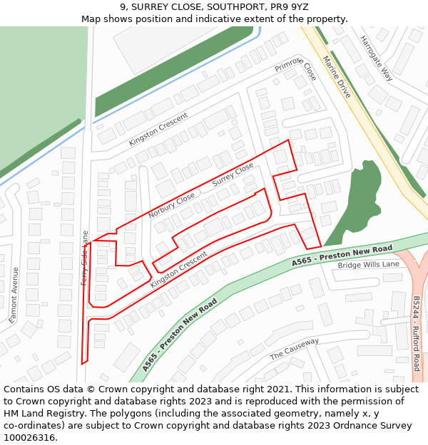 9, SURREY CLOSE, SOUTHPORT, PR9 9YZ: Location map and indicative extent of plot