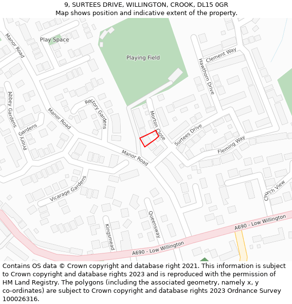 9, SURTEES DRIVE, WILLINGTON, CROOK, DL15 0GR: Location map and indicative extent of plot