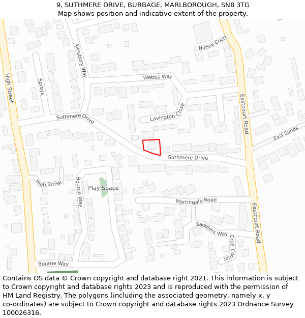 9, SUTHMERE DRIVE, BURBAGE, MARLBOROUGH, SN8 3TG: Location map and indicative extent of plot