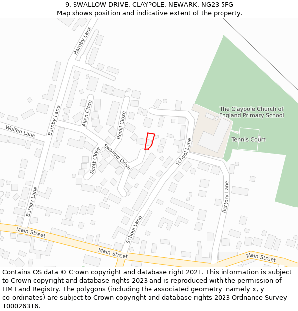 9, SWALLOW DRIVE, CLAYPOLE, NEWARK, NG23 5FG: Location map and indicative extent of plot