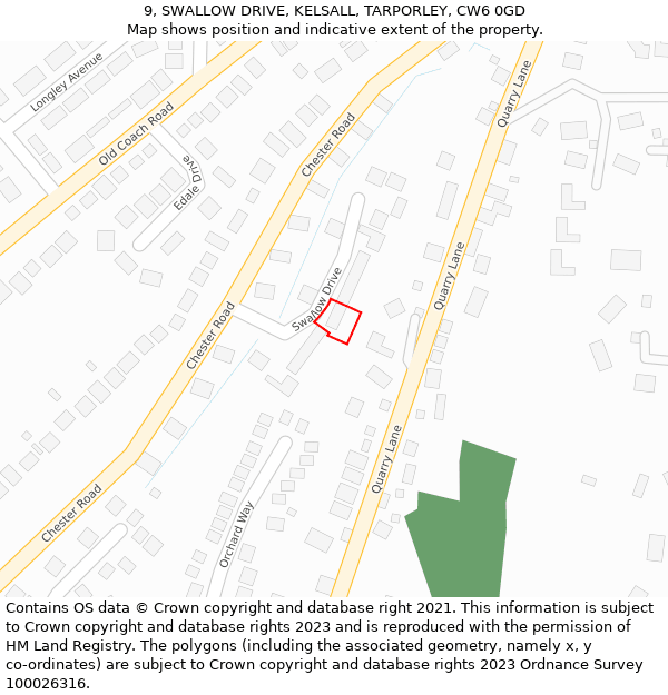 9, SWALLOW DRIVE, KELSALL, TARPORLEY, CW6 0GD: Location map and indicative extent of plot