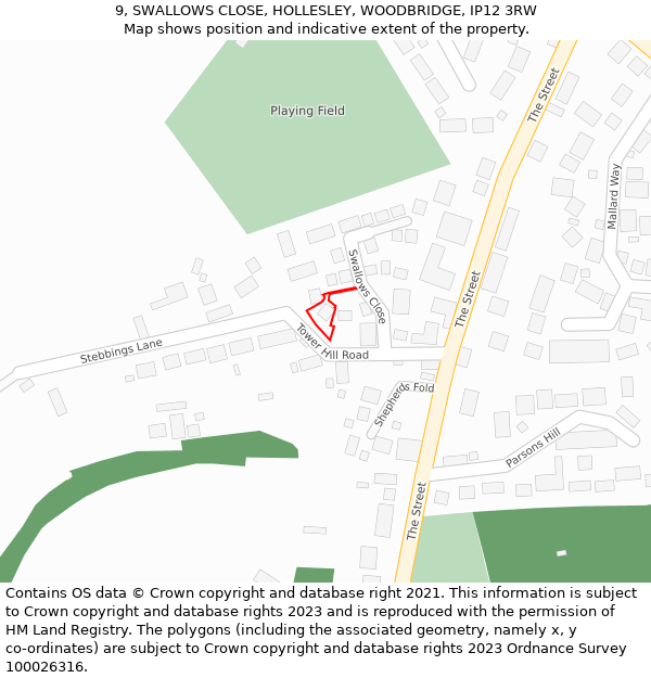 9, SWALLOWS CLOSE, HOLLESLEY, WOODBRIDGE, IP12 3RW: Location map and indicative extent of plot
