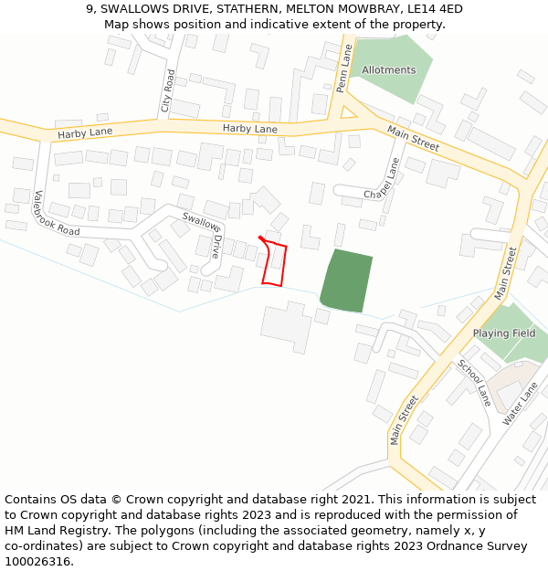9, SWALLOWS DRIVE, STATHERN, MELTON MOWBRAY, LE14 4ED: Location map and indicative extent of plot