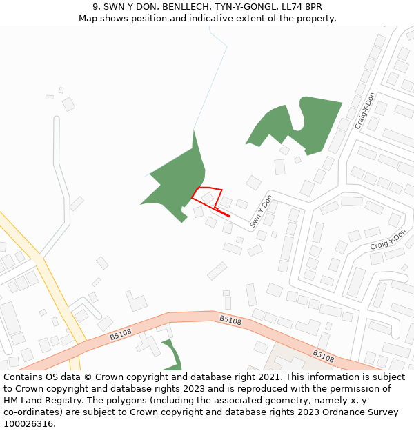 9, SWN Y DON, BENLLECH, TYN-Y-GONGL, LL74 8PR: Location map and indicative extent of plot