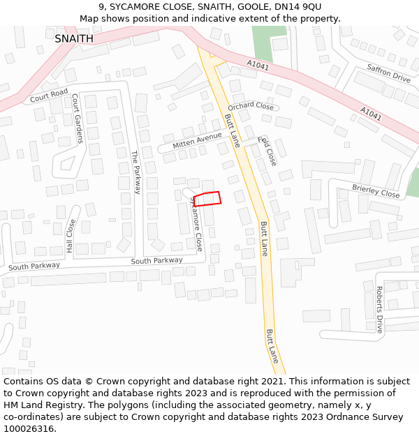 9, SYCAMORE CLOSE, SNAITH, GOOLE, DN14 9QU: Location map and indicative extent of plot