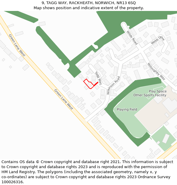 9, TAGG WAY, RACKHEATH, NORWICH, NR13 6SQ: Location map and indicative extent of plot