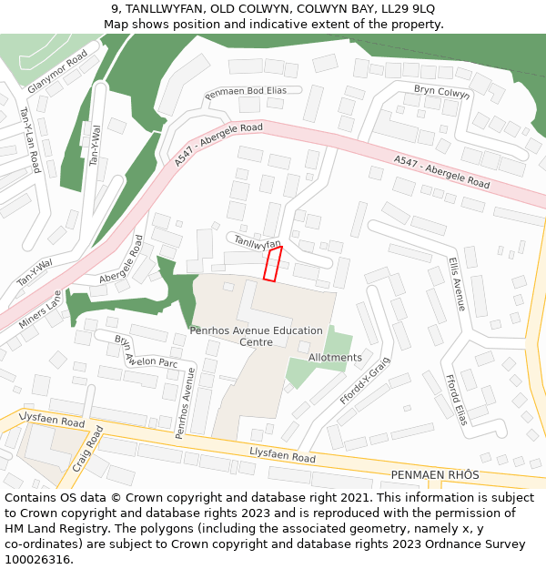 9, TANLLWYFAN, OLD COLWYN, COLWYN BAY, LL29 9LQ: Location map and indicative extent of plot