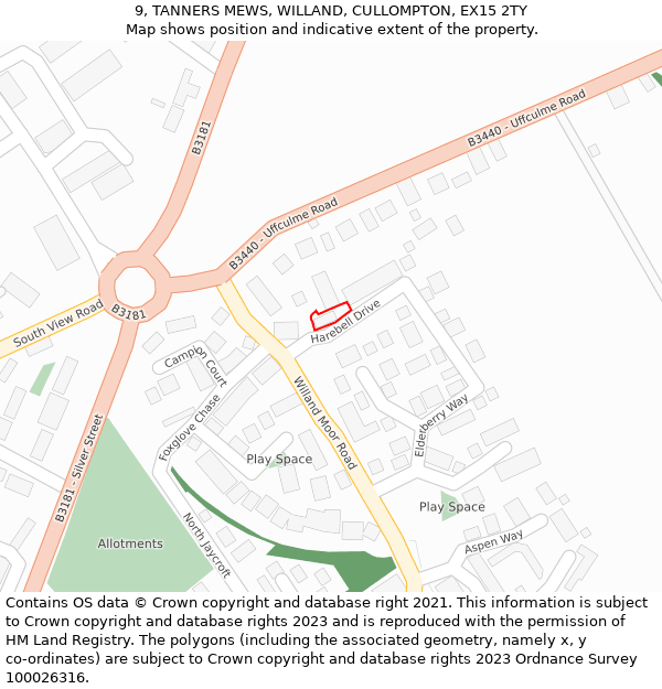 9, TANNERS MEWS, WILLAND, CULLOMPTON, EX15 2TY: Location map and indicative extent of plot