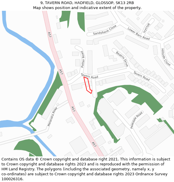 9, TAVERN ROAD, HADFIELD, GLOSSOP, SK13 2RB: Location map and indicative extent of plot