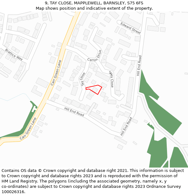 9, TAY CLOSE, MAPPLEWELL, BARNSLEY, S75 6FS: Location map and indicative extent of plot